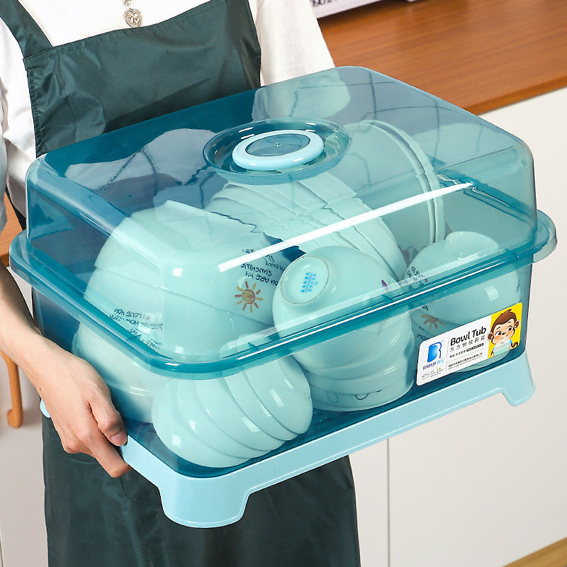 Japanese Style Double Layer Dish Drain Rack with Lid Storage Box