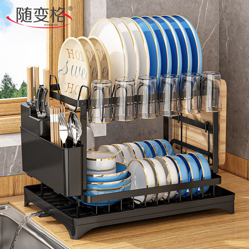 Japanese Style Double Layer Dish Rack with Storage Organizer