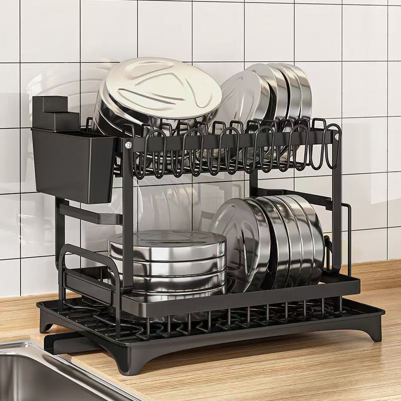 Multi Functional Kitchen Dish Rack with Cup — black