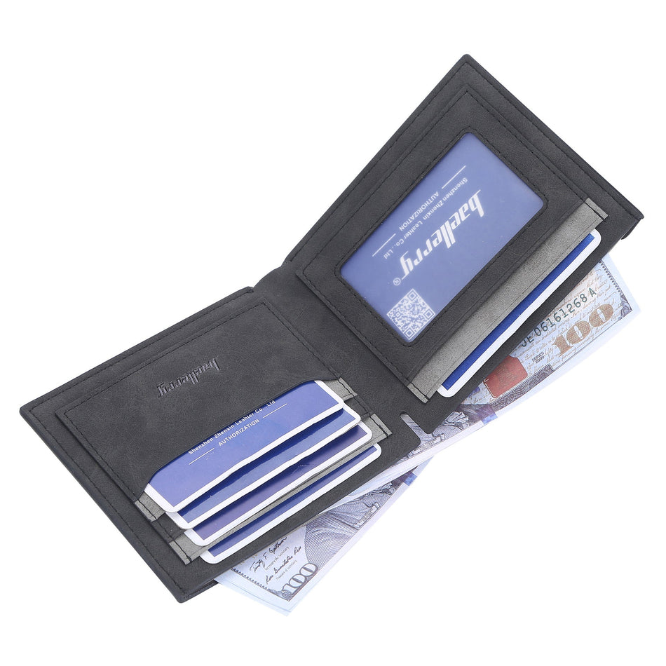 Men’s BAELLERRY Short Wallet – Frosted Leather Multi-Card Holder