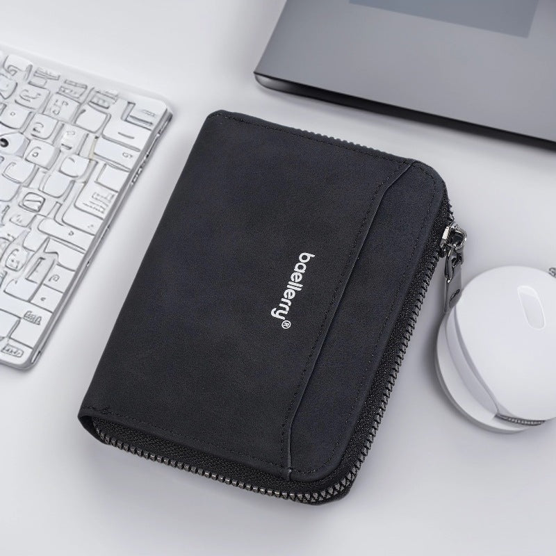 Black men's wallet - slim leather wallet with multiple card slots and bill compartment