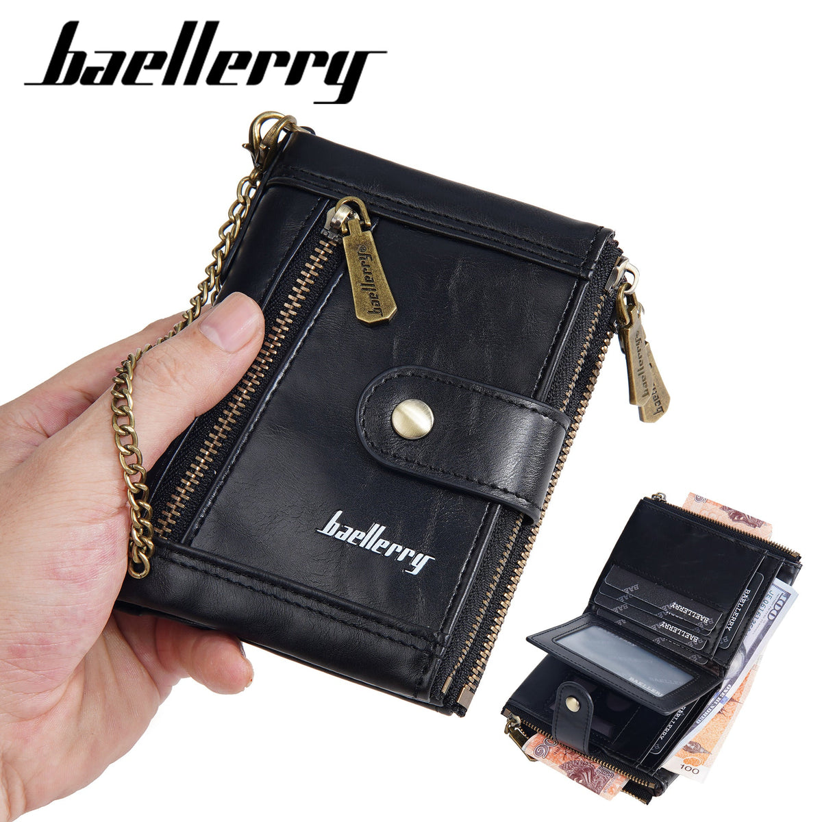 Black men's wallet - slim leather wallet with multiple card slots and bill compartment