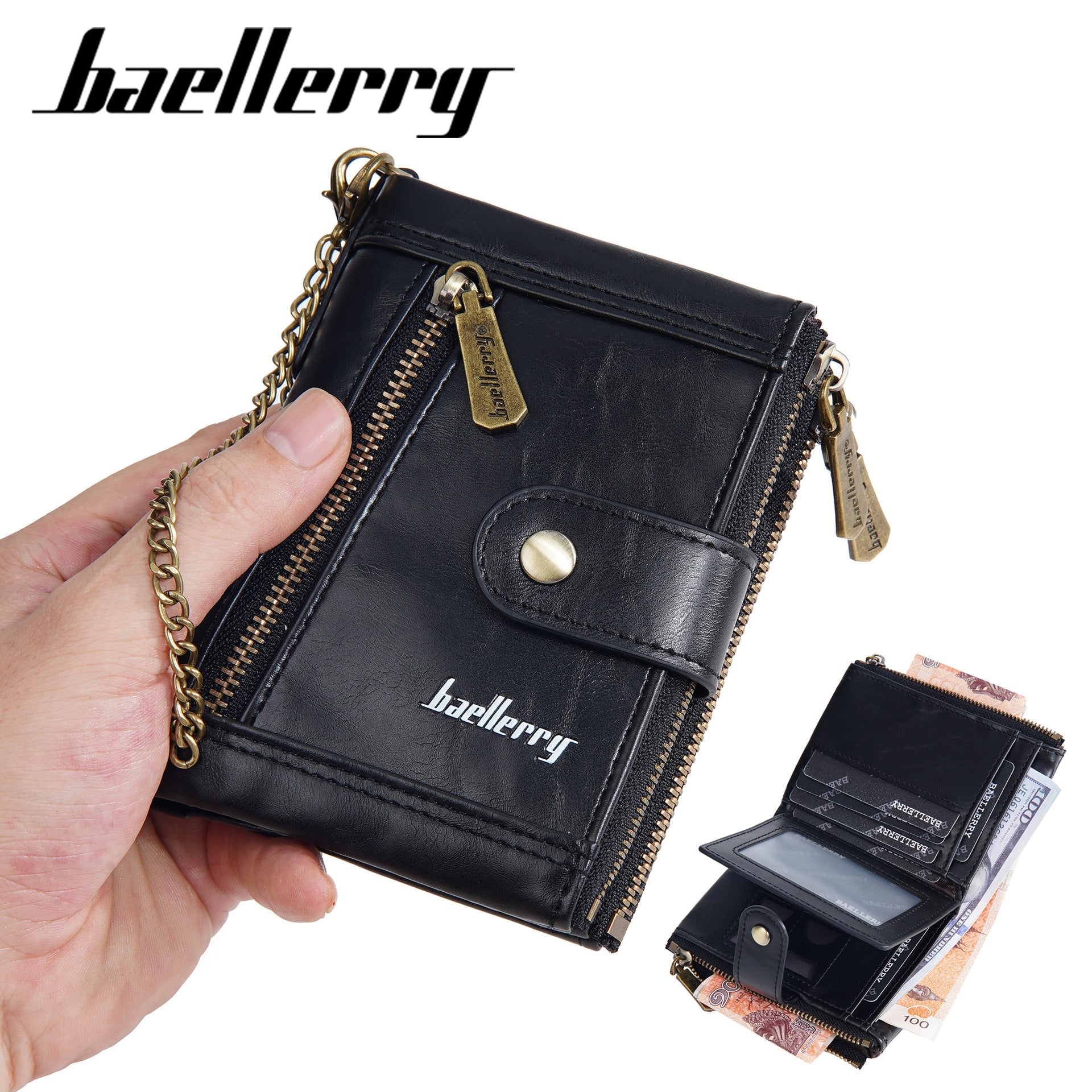 Black men's wallet - slim leather wallet with multiple card slots and bill compartment