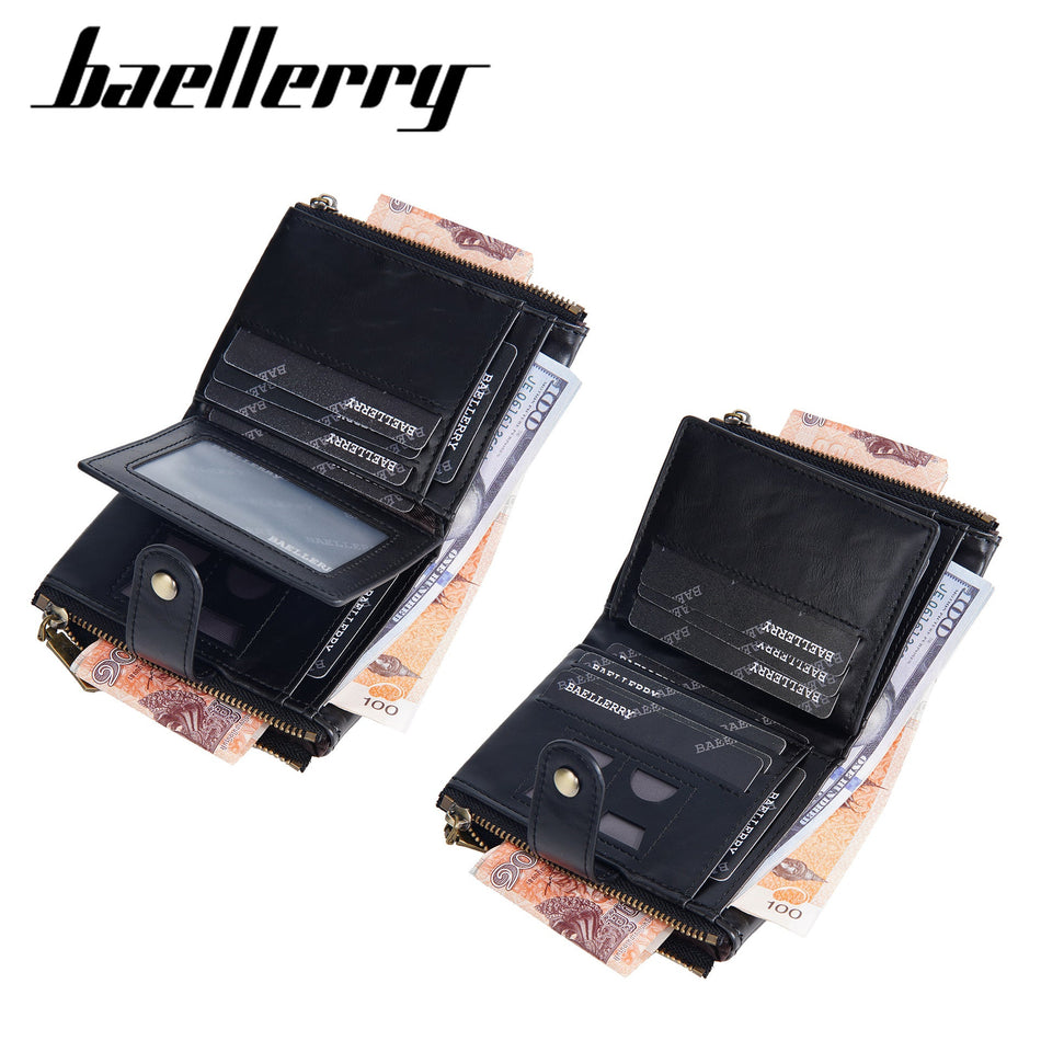 Men’s Baellerry Retro Oil Leather Wallet – Dual Zipper Coin Purse