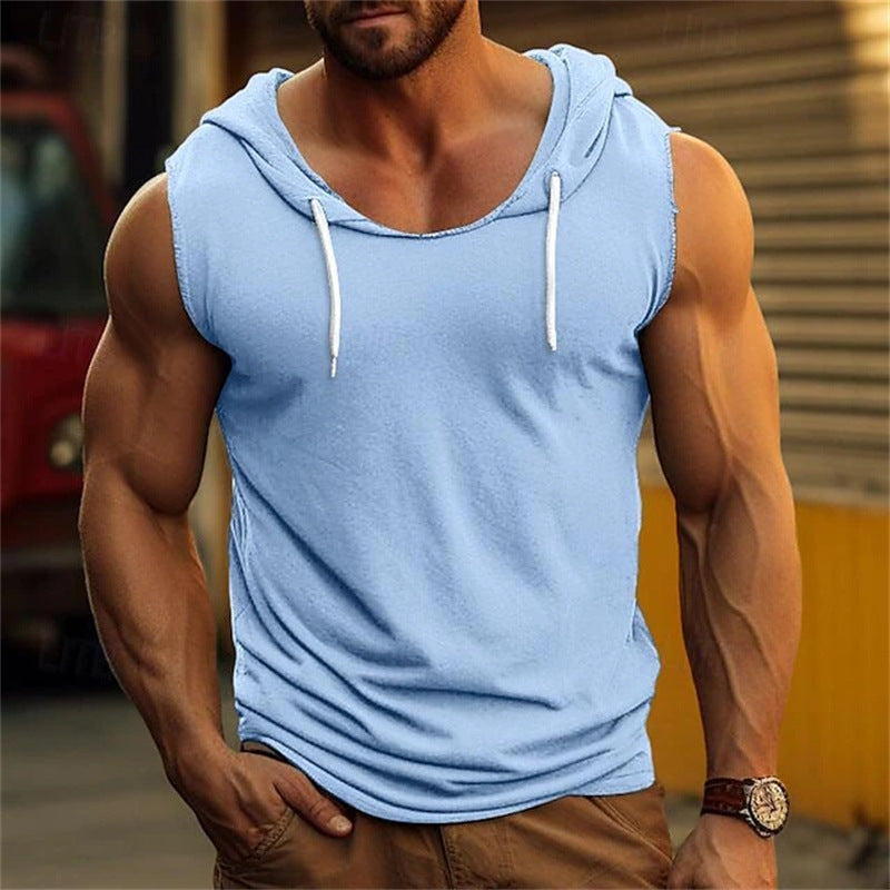 Men’s Sleeveless Fitness Hooded Vest – Solid Color Sports Top