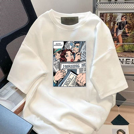 Men's white long sleeve T-shirt - loose fit round neck casual top