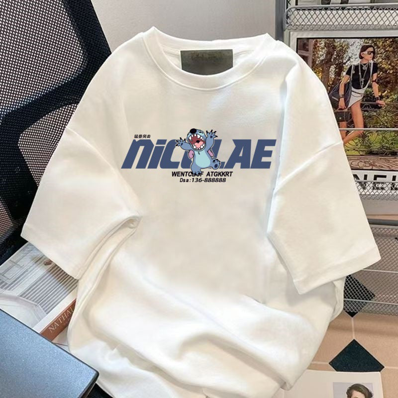 Men’s Loose Fit Cartoon Print Summer T-Shirt Round Neck Casual