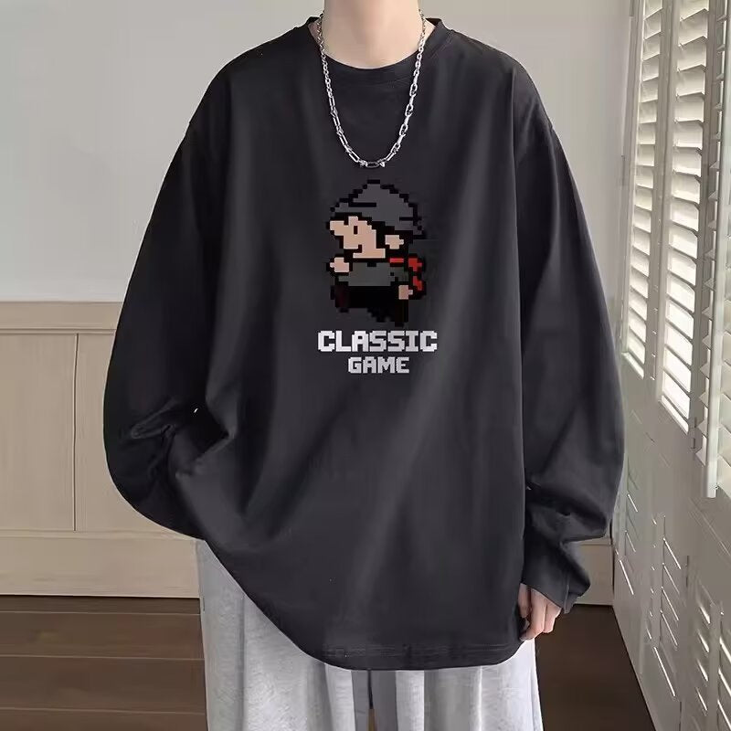 Men's black Mario graphic print long sleeve T-shirt - loose fit round neck casual top