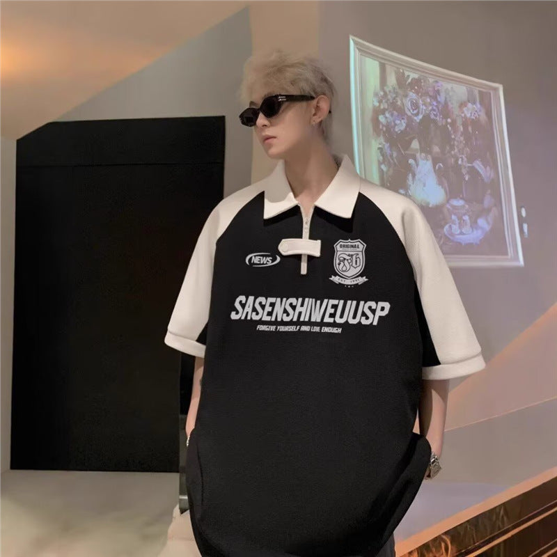 Unisex Biker Style Half-Zip Polo T-Shirt Oversized Summer Tee