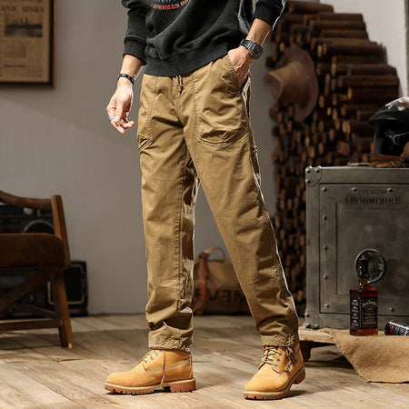 Men’s High-End Loose Cargo Pants Japanese Workwear Straight Fit Multi-Pocket Casual Trousers