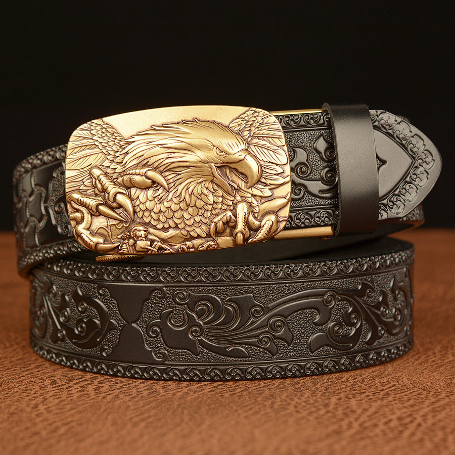 Men’s Cowhide Eagle Automatic Buckle Leather Belt Casual Jeans