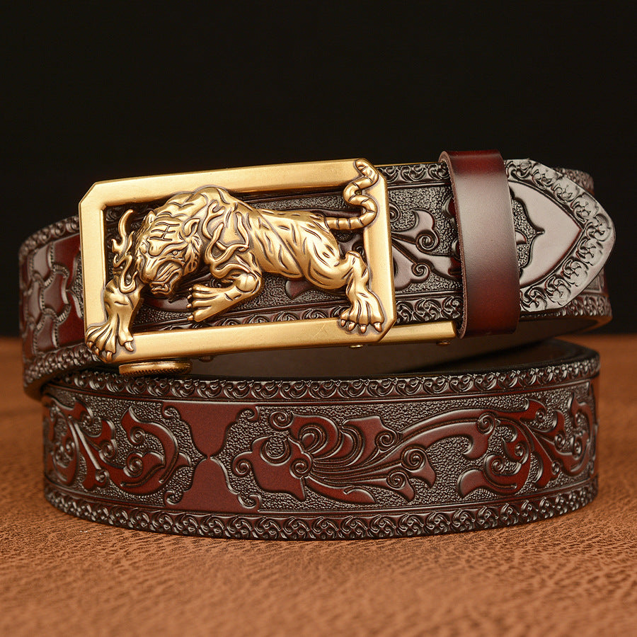 Men’s Cowhide Tiger Automatic Buckle Leather Belt Retro Casual