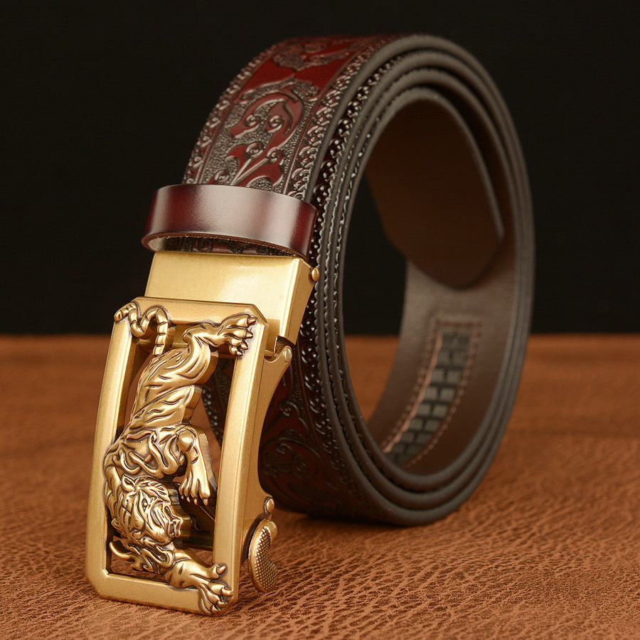 Men’s Cowhide Tiger Automatic Buckle Leather Belt Retro Casual