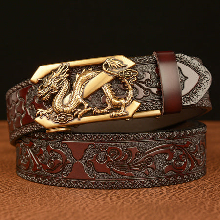 Men’s Cowhide Z Dragon Automatic Buckle Leather Belt Retro
