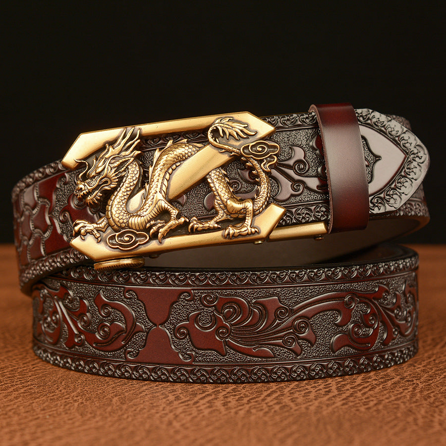 Men’s Cowhide Z Dragon Automatic Buckle Leather Belt Retro