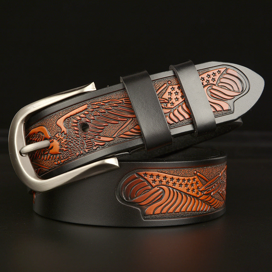 Men’s Cowhide Eagle Carved Pin Buckle Leather Belt Casual Jeans