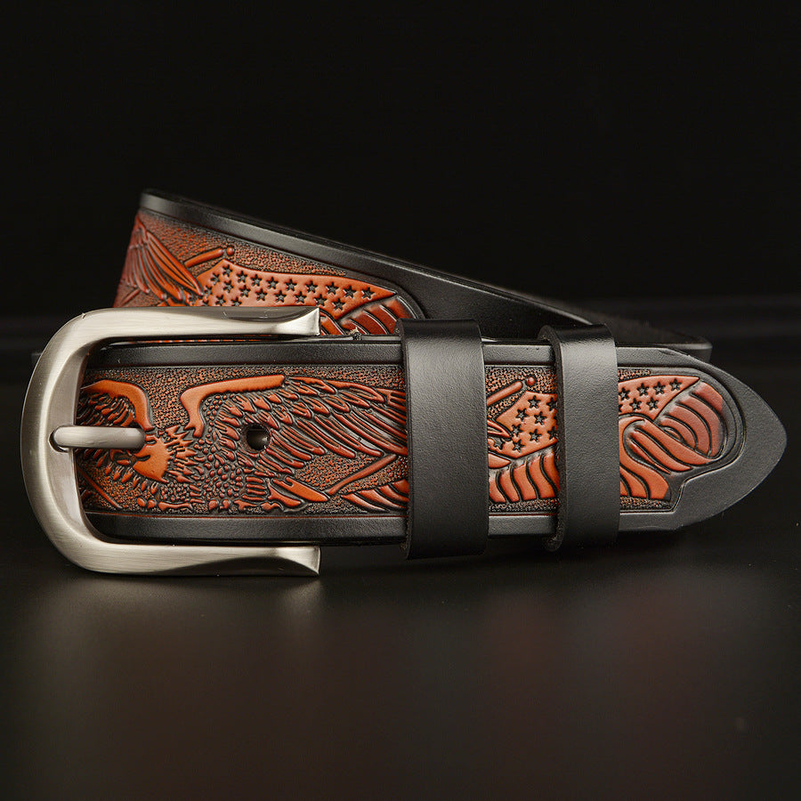 Men’s Cowhide Eagle Carved Pin Buckle Leather Belt Casual Jeans
