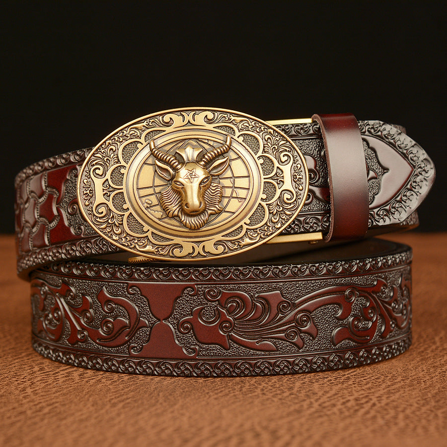 Men’s Cowhide Sheep Zodiac Automatic Buckle Leather Belt Retro
