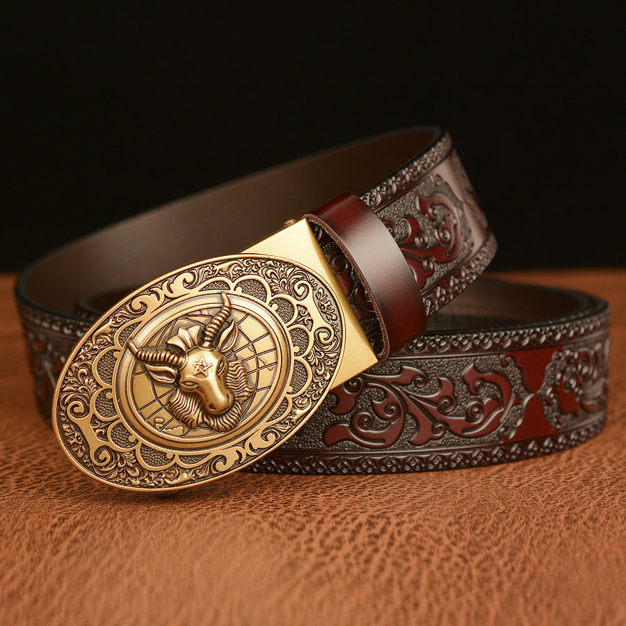 Men’s Cowhide Sheep Zodiac Automatic Buckle Leather Belt Retro
