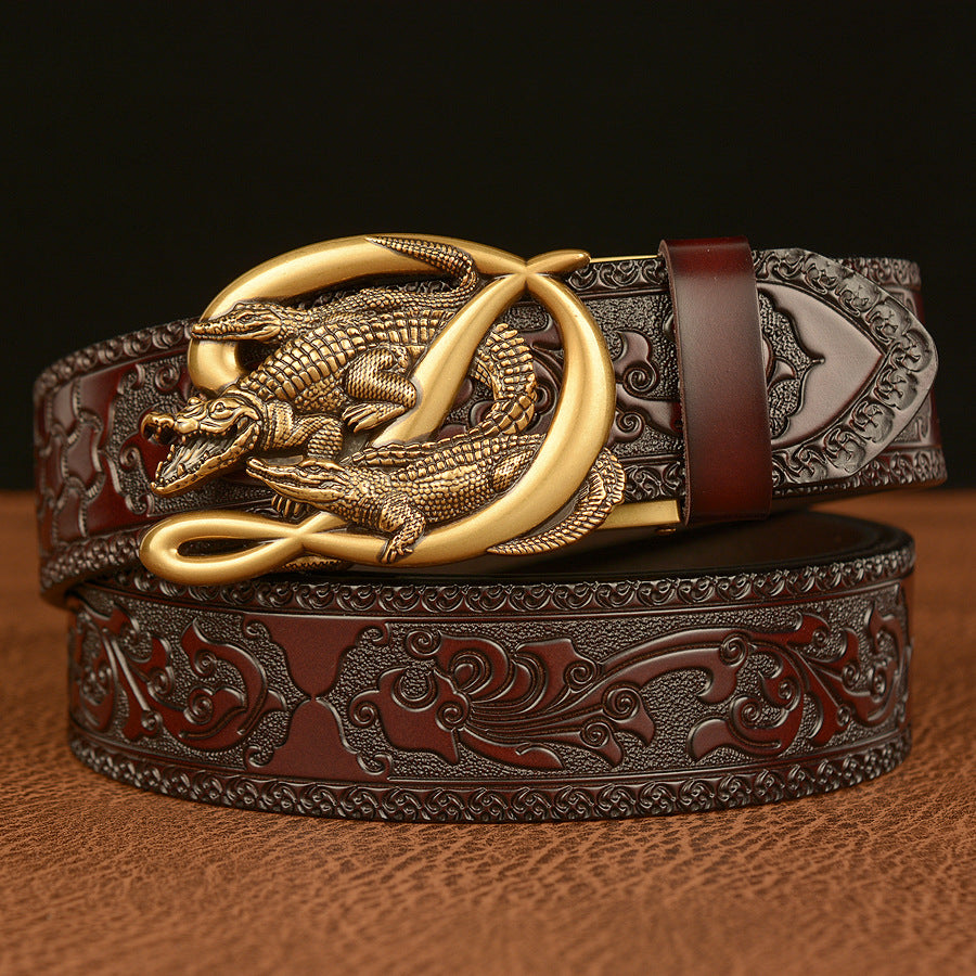 Men’s Cowhide Crocodile Automatic Buckle Leather Belt Retro
