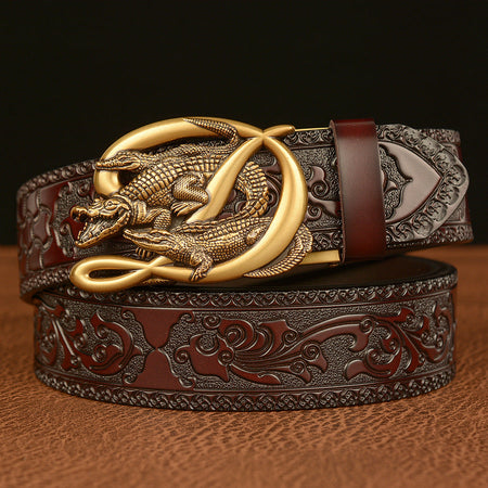 Men’s Cowhide Crocodile Automatic Buckle Leather Belt Retro