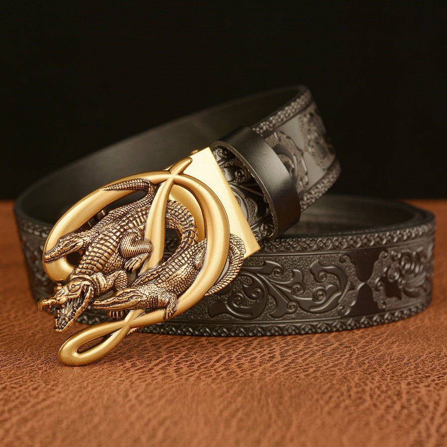 Men’s Cowhide Crocodile Automatic Buckle Leather Belt Retro