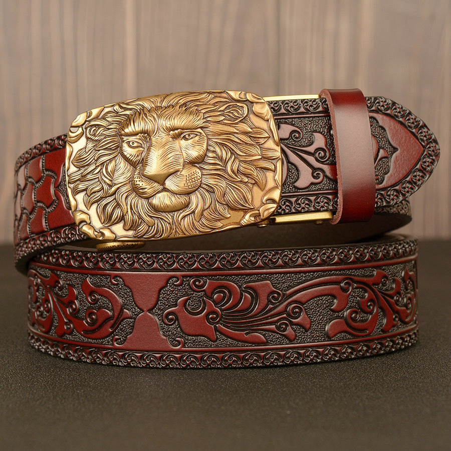 Men’s Cowhide Lion Head Automatic Buckle Leather Belt Casual