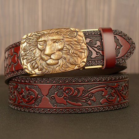 Men’s Cowhide Lion Head Automatic Buckle Leather Belt Casual