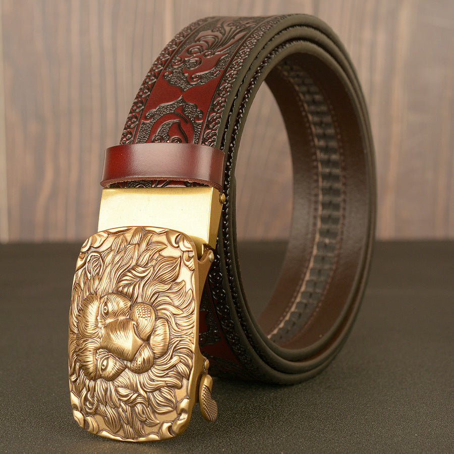Men’s Cowhide Lion Head Automatic Buckle Leather Belt Casual