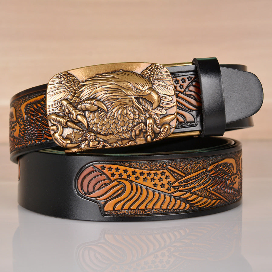 Men’s Cowhide Eagle Embossed Automatic Buckle Leather Belt Casual