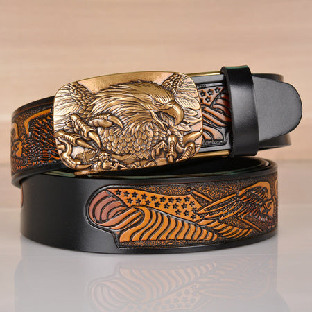Men’s Cowhide Eagle Embossed Automatic Buckle Leather Belt Casual