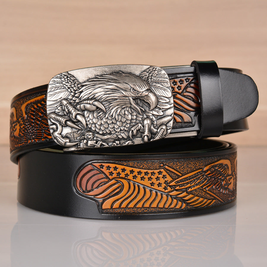 Men’s Cowhide Eagle Embossed Automatic Buckle Leather Belt Casual