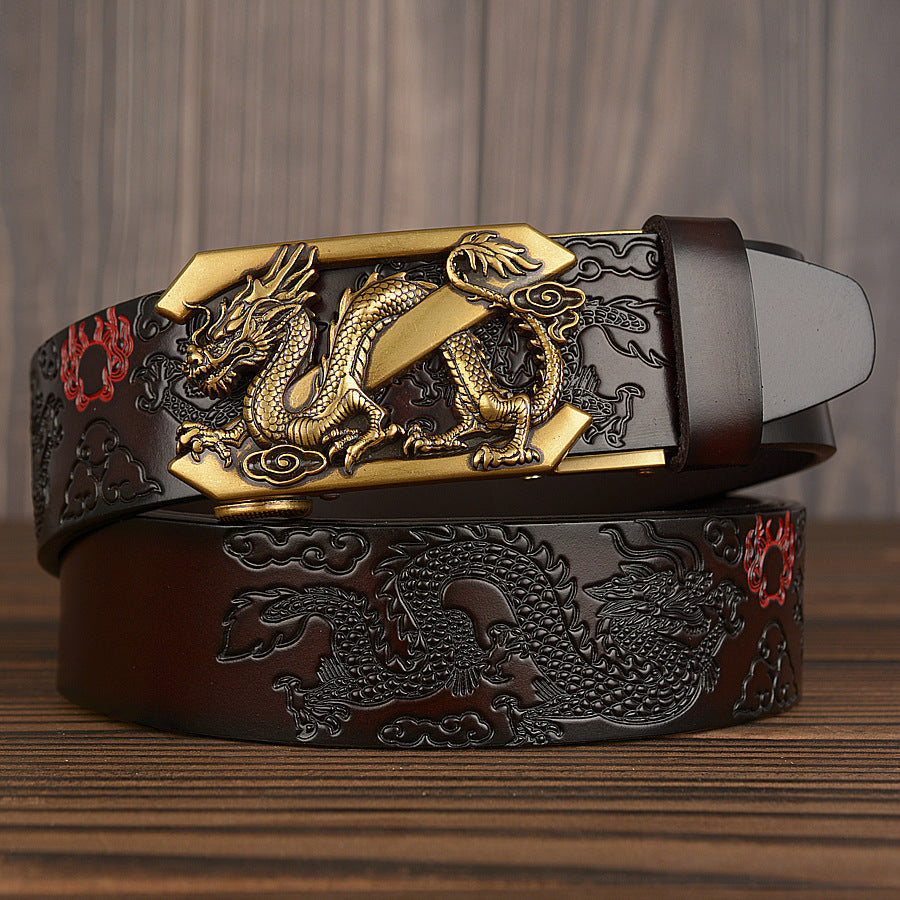 Men’s Cowhide Double Dragon Automatic Buckle Leather Belt