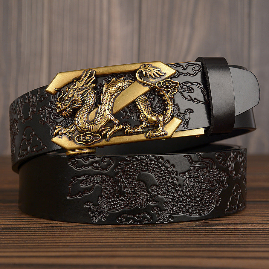 Men’s Cowhide Double Dragon Automatic Buckle Leather Belt