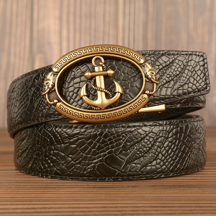 Men’s Cowhide Anchor Automatic Buckle Leather Belt Casual Jeans