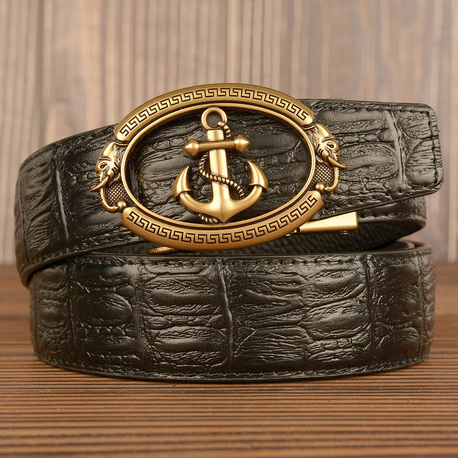 Men’s Cowhide Anchor Automatic Buckle Leather Belt Casual Jeans