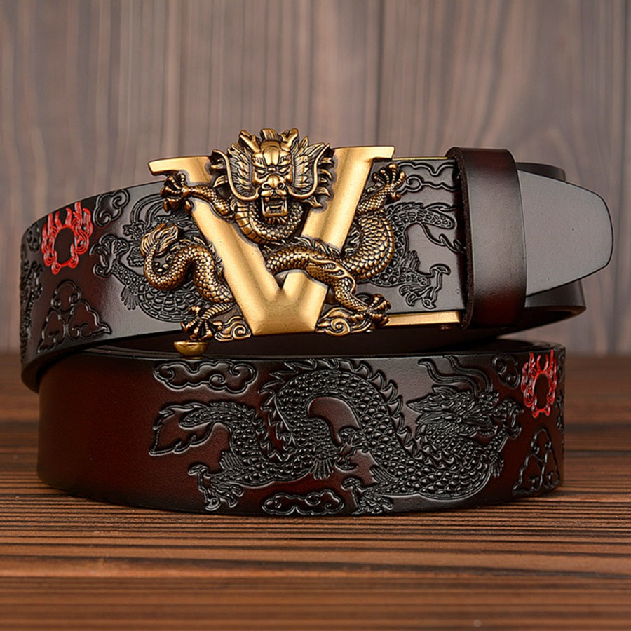 Men’s Cowhide Double Dragon Automatic Buckle Leather Belt Casual