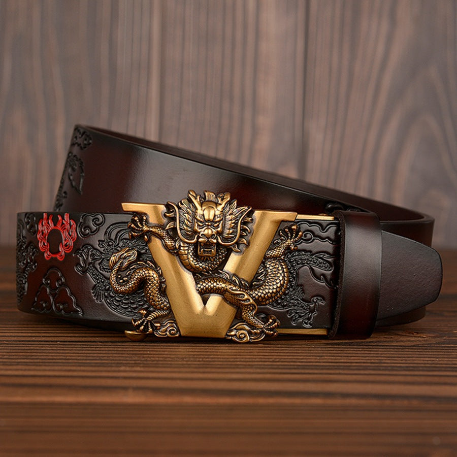 Men’s Cowhide Double Dragon Automatic Buckle Leather Belt Casual
