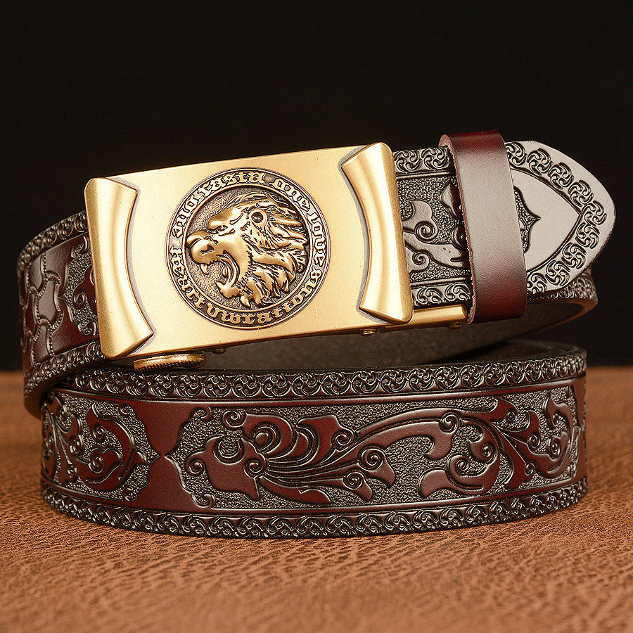 Men’s Cowhide Lion Head Automatic Buckle Leather Belt Casual