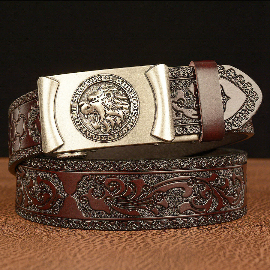 Men’s Cowhide Lion Head Automatic Buckle Leather Belt Casual