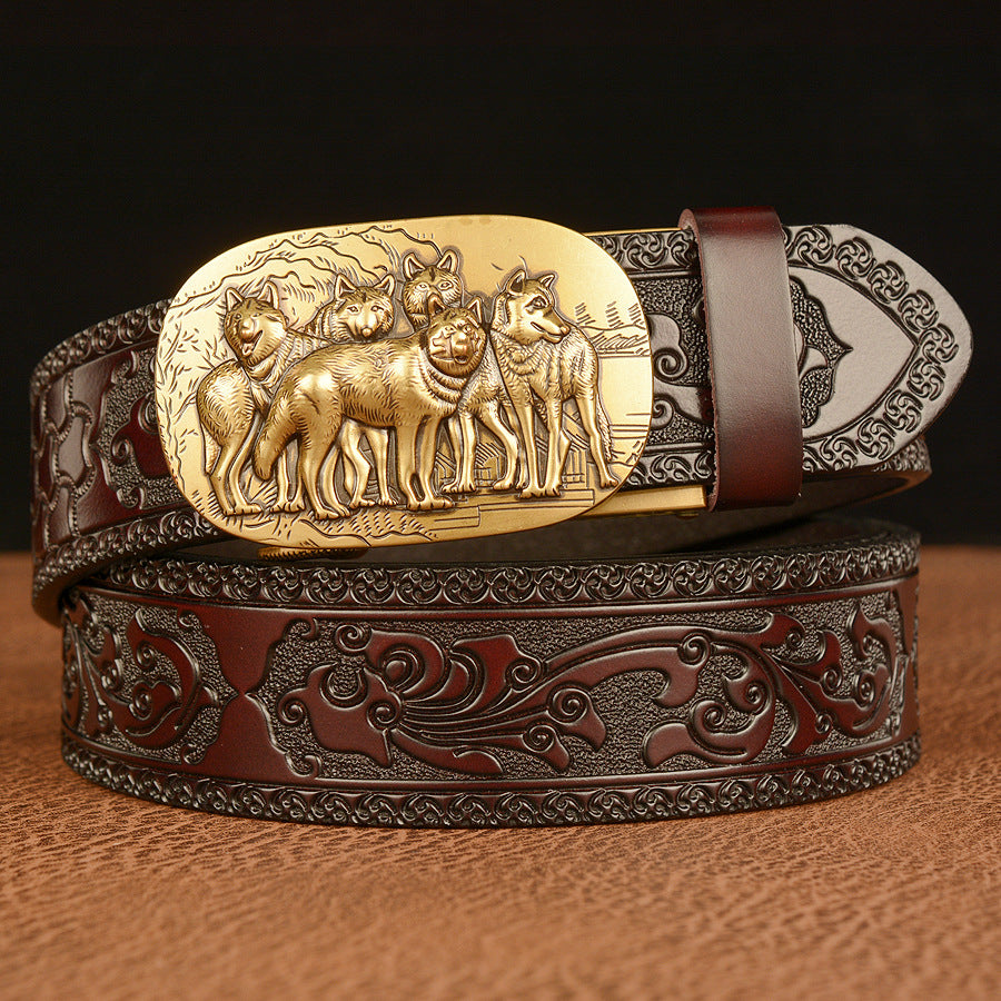Men’s Cowhide Wolf Automatic Buckle Embossed Leather Belt Casual