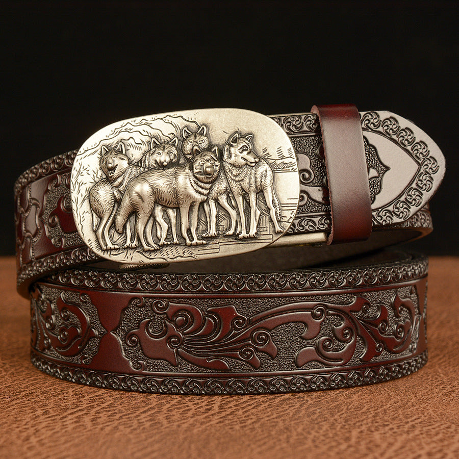 Men’s Cowhide Wolf Automatic Buckle Embossed Leather Belt Casual