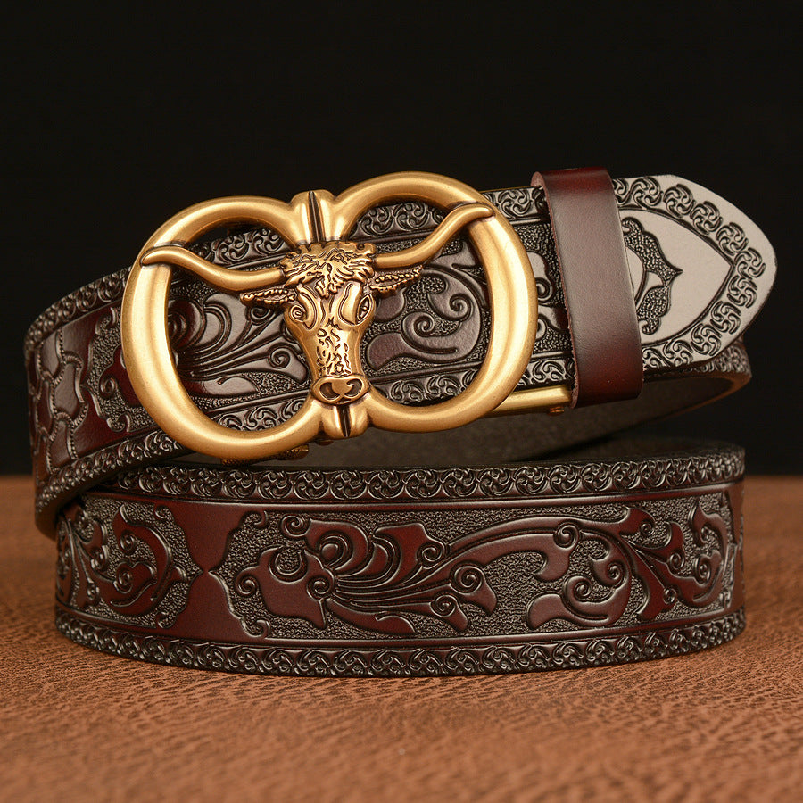 Men’s Cowhide Bull Head Automatic Buckle Leather Belt Casual
