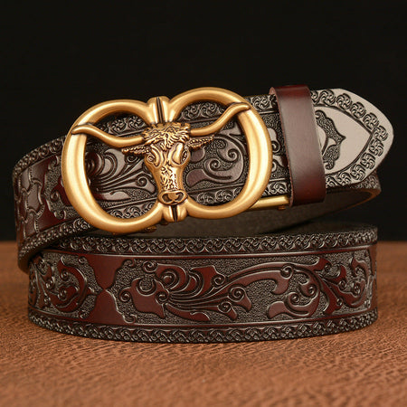 Men’s Cowhide Bull Head Automatic Buckle Leather Belt Casual