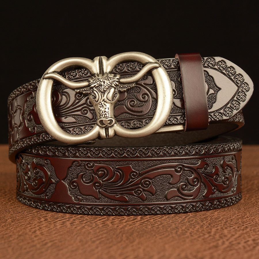 Men’s Cowhide Bull Head Automatic Buckle Leather Belt Casual