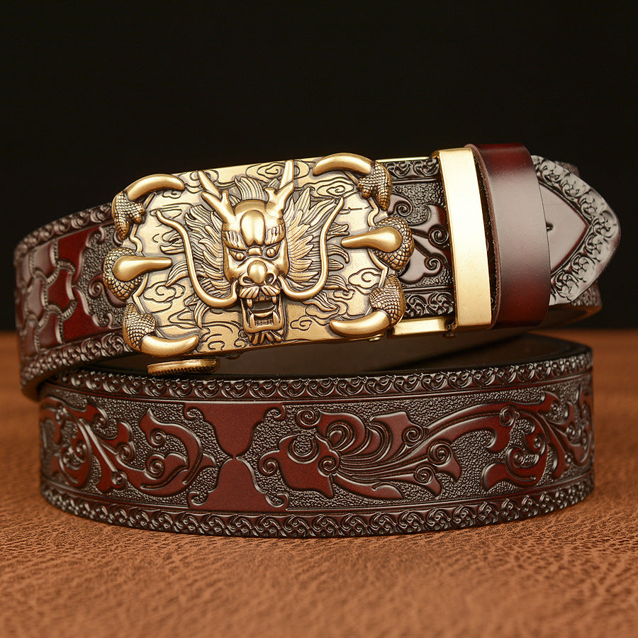 Men’s Cowhide Claw Dragon Automatic Buckle Leather Belt Retro