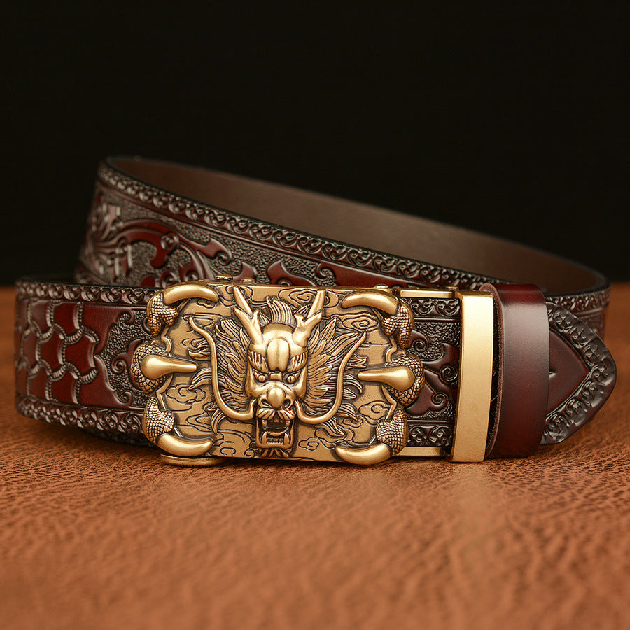 Men’s Cowhide Claw Dragon Automatic Buckle Leather Belt Retro