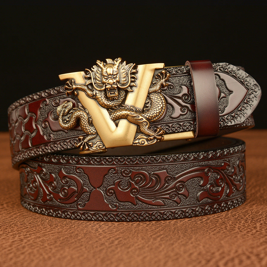 Men’s Cowhide V Dragon Automatic Buckle Leather Belt Casual