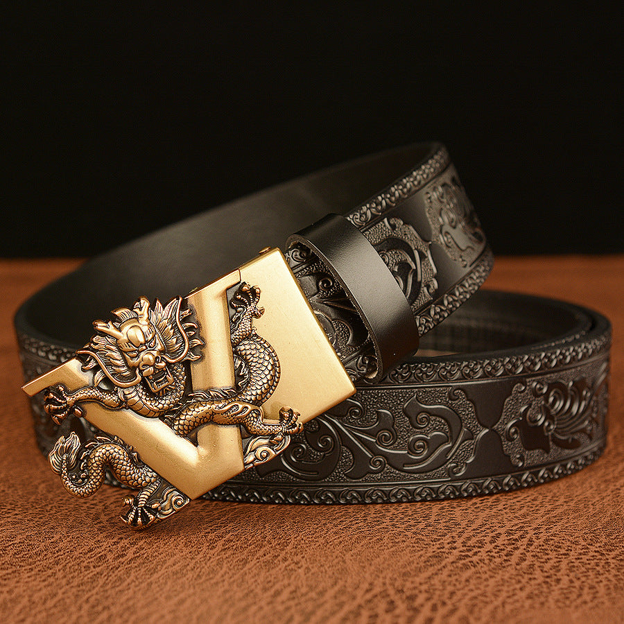 Men’s Cowhide V Dragon Automatic Buckle Leather Belt Casual