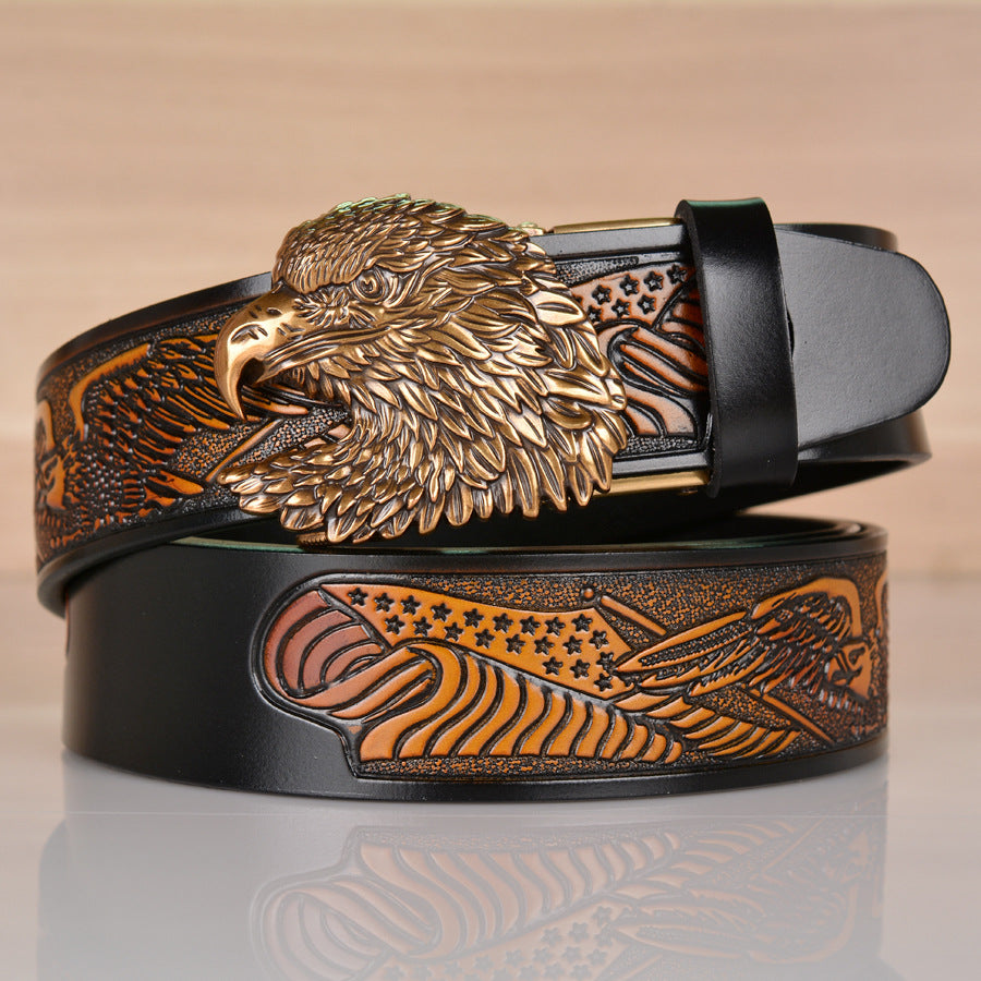 Men’s Cowhide Eagle Head Automatic Buckle Leather Belt Retro